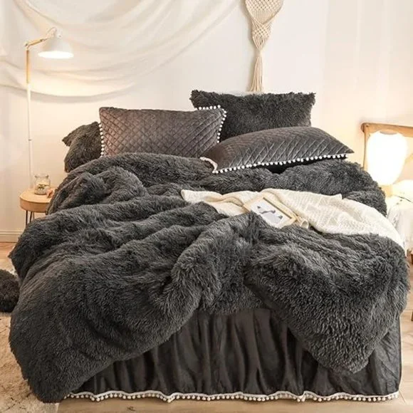 Luxury Fluffy Shaggy Duvet Cover,Cute Faux Fur Comforter Set (1 F